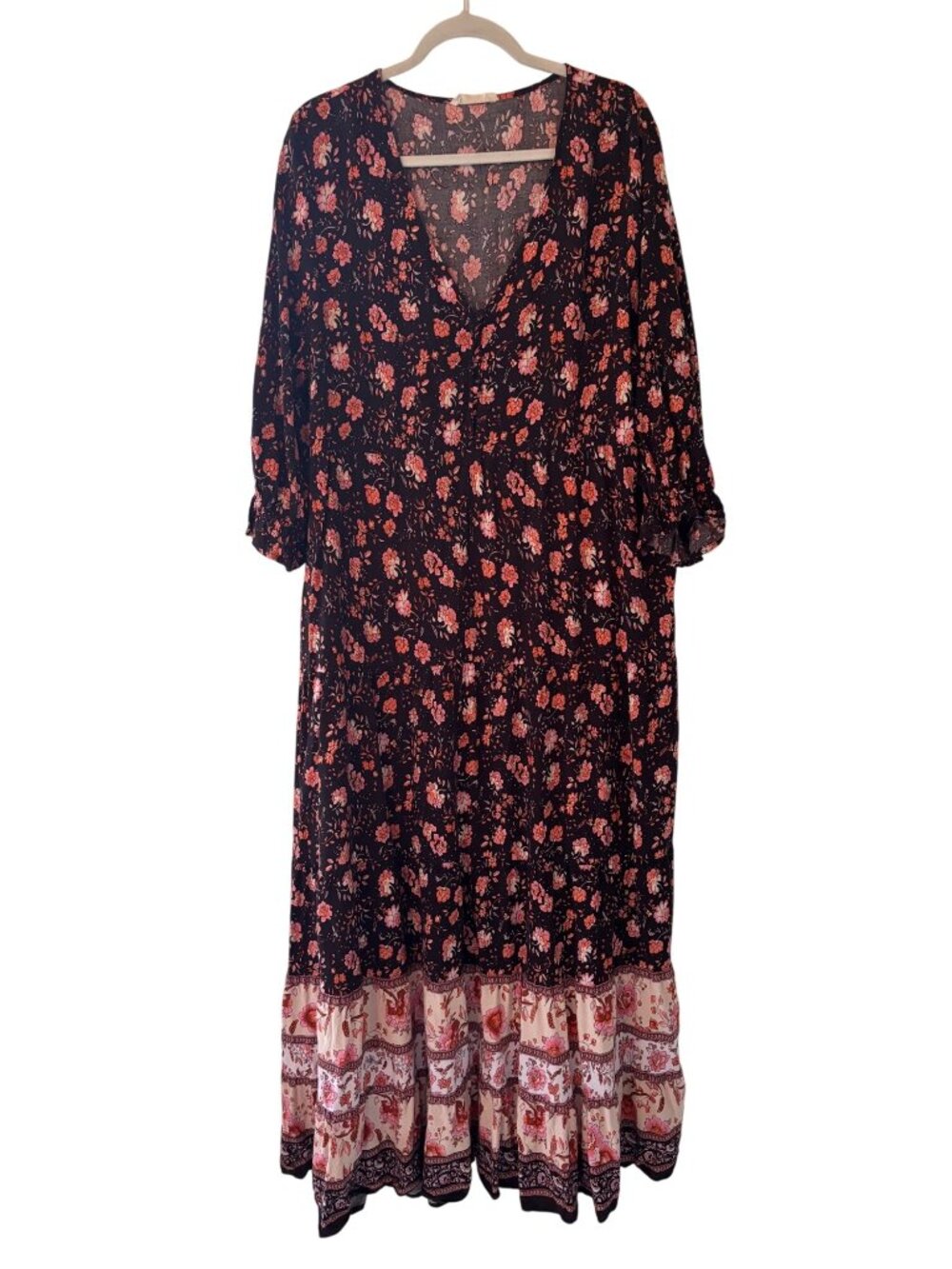 Natural Life Boho Floral Maxi Dress XL Cottagecore Festival Romantic Pockets